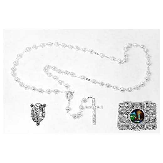 Rosario católico de plata con caja de regalo, de metal plateado – de Lourdes (5976/1)