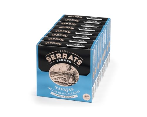 CONSERVAS SERRATS - Navajas de las Rías Gallegas en Aceite de Oliva Premium - 8 Latas x 110g (Total: 880g) - Elaboración Artesanal desde 1890 - Sin Gluten - Rico en Omega 3 – Premium