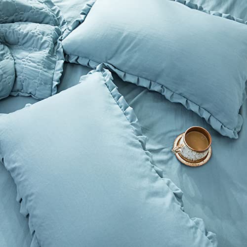 HOLOEE枕カバー 2枚 フリル付き かわいい 48x74 洗い替え 速乾タイプ おしゃれ 選べる オールシーズン 16色 (ダークブルー)