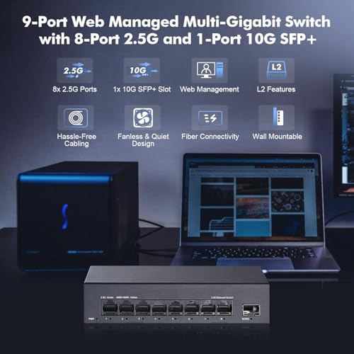 Image of 8 Port 2.5G Managed Switch, 8 x 2.5Gbps Base-T Ports and 10G SFP+ Slot, Support LACP /QOS /VLAN /IGMP, Mini Metal Fanless 2.5Gb YuLinca Easy Web Switch