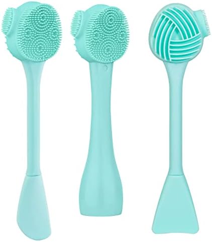 Silicone Facial Cleansing Brush 3 Pack, Beomeen 4 in 1 Handheld Face Scrubber for Deep Gentle Exfoliating, Double-Ended Face Wash Scrub Brush for Face Skincare and Massage (Green)