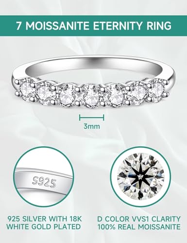 7 Stones Moissanite Anniversary Rings for Women, 0.7 Carat Round Cut Diamond 18K White Gold Plated 925 Sterling Silver Half Eternity Wedding Bands Stackable Ring2