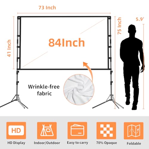 Projector Screen with Stand,84 inch Portable Projection Screen, Indoor Tripod Projector Screen 16:9 4K HD Rear Front Movie Screen with Carry Bag Wrinkle-Free Design for Home Theater Backyard Cinema