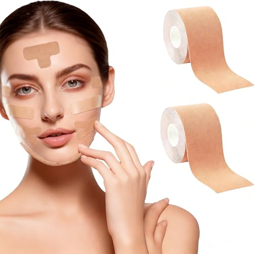 2 cintas de estiramiento facial, 3,8 cm x 5 m, cinta de kinesiotape para tonificar la cara y reducir arrugas, color piel