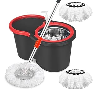 Spin Mop and Bucket with Wringer Set, 3 Mop Heads, 61″ Adjustable Handle | 360° Spinning Mop Bucket System with 3 Microfiber Mop Heads & 61″ Stainless Steel Adjustable Handle for Floor Cleaning