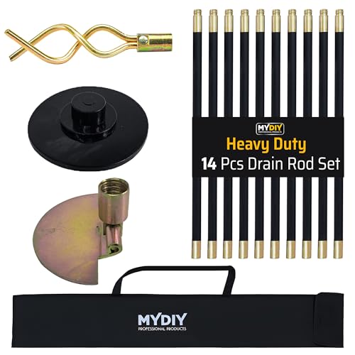 MY DIY 31ft Drain Rod Set 14Pcs Includes Easy Carry Storage Bag Plunger Double Worm Screw & Connectors Heavy Duty Sewer Gutter Cleaning Drain Unblocker Tool Reaches Up to 9.4m Length Domestic Home Use