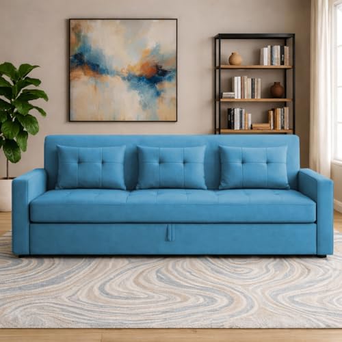 Image of Casaliving Treshta 3 Seater Pull-Out Premium Fabric Sofa Cum Bed Sofa Set for Living Room (Turquise Fabric Color) Premium Fabric Sofa Set for Living Room Sofa Cum Bed