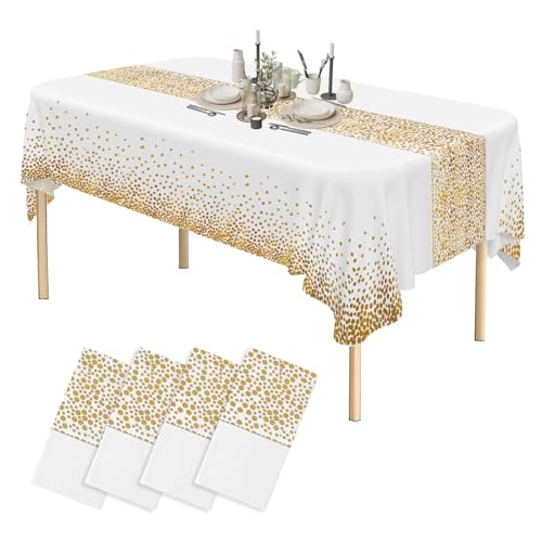 PUWOWYE 4 Paquetes de Manteles, Manteles Mesa Rectangular 137cm x 274cm, Manteles Desechables de PláStico para Fiestas de CumpleañOs, Recepciones, Despedidas de Soltera, Baby Shower, Blanco y Oro