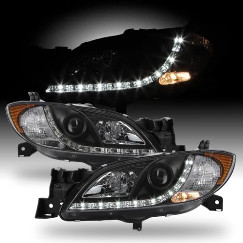 AKKON - For Mazda 3 4 Doors Sedan Black Bezel DRL Daylight LED Strip Headlights Replacement Pair Left + Right
