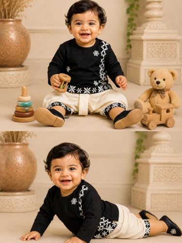 Image of Pspeaches Boys Silk Full Sleeves Round Neck Embroidered Kurta and Dhoti Pant 2 Piece Set|Ethnic Wear For Cute Baby Boys|Traditional & Festive Outfit
