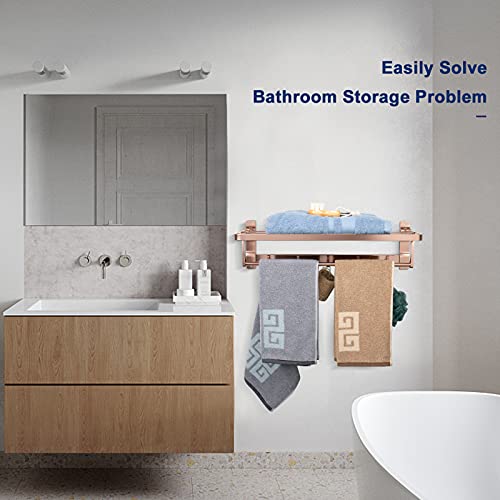 Nearmoon Bathroom Towel Rack, Foldable Double Towel Holder With Towel Bar And 5 Hooks For Bathroom/Kitchen, Thicken Space Aluminum Towel Shelf Wall Mount No Drill (23 Inch, Rose Gold) #TOP4