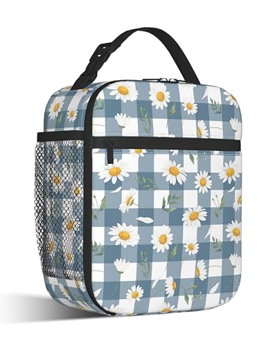 CXULIN Insulated Small Lunch Box,Daisy Flower Reusable Lunch Bag for Kids Adult Women,Blue White Checkered Large Capacity Portable Thermal Bag with Mutiple Pockets for School,Work,Picnic