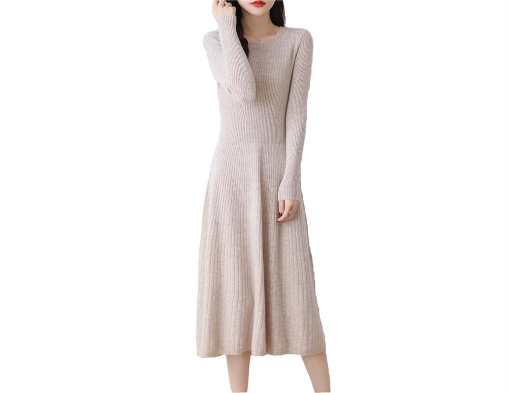 Vestido largo de lana para mujer, cuello redondo, a rayas, grueso, manga larga, cuello redondo