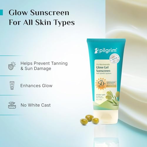 Image of Pilgrim 2% Niacinamide Glow Sunscreen SPF 50 +++ for Women and Men with Spanish Squalane | Enhances Glow, Broad spectrum, Non-greasy, No white cast & Prevents Tanning | All skin types - 50 g (Pack of 3)