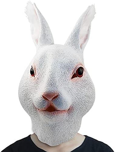 CreepyParty Rabbit Head Mask for Adults, Natural Latex Rabbit Costume Mask for Halloween Parties and Cosplay, White