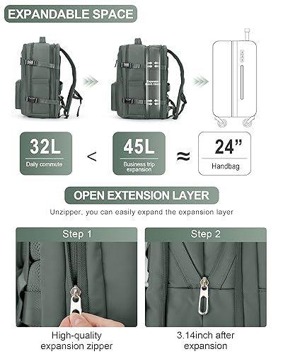 Carry on Backpack,Travel Backpack for Women Men Airline Approved Personal Item Size Hiking Gym Backpack Weekender Casual Daypack Backpack Waterproof Bag with Shoe Compartment, Green Extension3