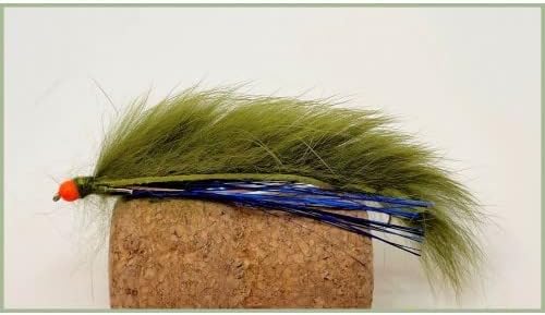 Hothead Fishing Fly, 4 Pack Hothead Olive Blue Flash Snake Zonker Flies, Size 10, Rear Hook, Fly Fishing, Hot head Lures.
