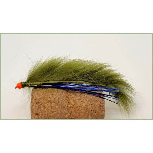 Hothead Fishing Fly, 4 Pack Hothead Olive Blue Flash Snake Zonker Flies, Size 10, Rear Hook, Fly Fishing, Hot head Lures.