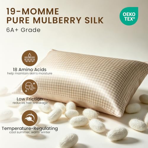 Image of THXSILK Set of 2 Mulberry Silk Pillowcase for Hair and Skin, Cooling Bed Pillow Cover with Hidden Zipper, Soft Smooth Print Silk Pillowcase Gifts for Women Men Standard 20 inchx26 inch, Khaki Plaid