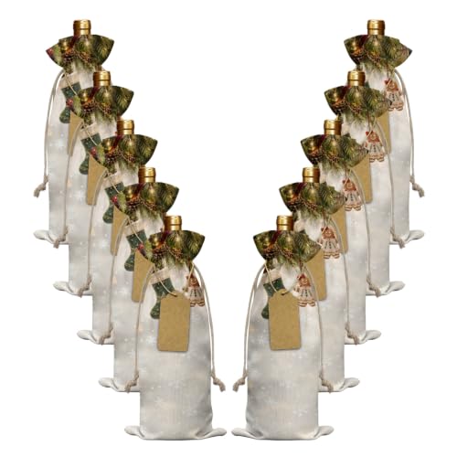 PIEPLE 10 Pack Wine Bottle Bags, Christmas Wine Bottle Cover with Drawstring, Xmas Snowflake Stocking Gingerbread Man Pine Needles Gift Bag for Champagne, Wedding, Birthday, Party, Baby Shower