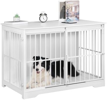 Hzuaneri Hundekäfig Möbel, 110 cm Hundebox Möbel, 2 Türen, Weiß | Moderne Hundekäfig Indoor für kleine/mittlere/große Hunde, Beistelltisch, Verstärkte Schiebetür, 110 × 65 × 81 cm,
