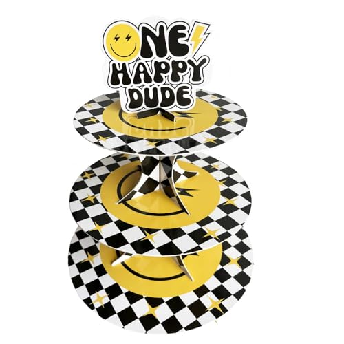 Zliisang One Happy Dude Birthday Party Decorations 3-Tiered One Cool Dude Cupcake Stand Groovy Happy Smile Face Cupcake Dessert Stand for 1st Year Birthday Decorations