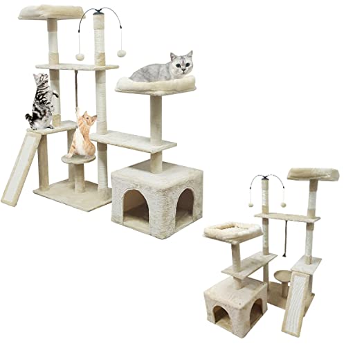 【RAKU】 キャットタワー キャットツリー 据え置きキャットタワー 置き方2WAY 高さ136cm 猫タワー ねこハウス キャットランド スタンダード式 高密度 安定性高い 多頭飼い 部屋付き 毛玉付き 組立簡単