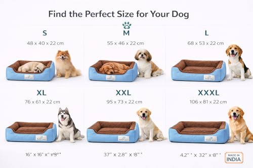 Image of MUDDY PAWS Reversible Sofa Style Dog Bed - XXL (95 x 73 x 22 cm) - Plush Fur Surface, Removable Cushion & Anti-Skid Base - Sky Blue & Brown