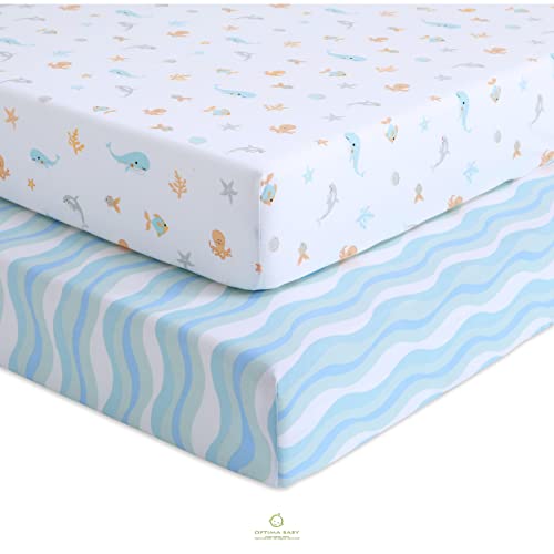 Image of OptimaBaby Crib Sheets, Sea Animals Fitted, 2 Count