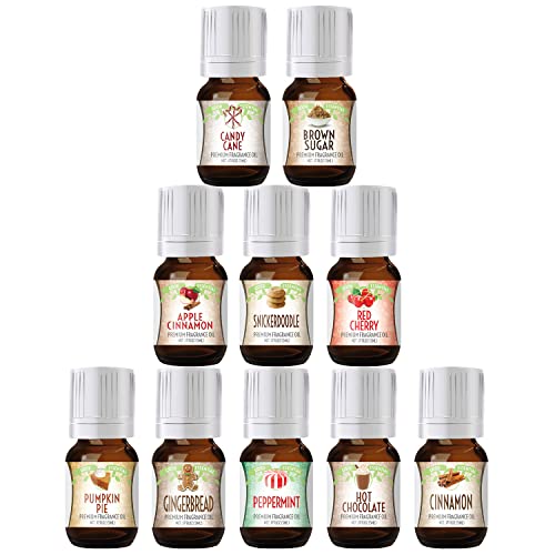 Good Essential - Professional Holiday Fragrance Oil Set Pack of 10 5ml Peppermint, Apple Cinnamon, Hot Chocolate, Cherry, Pumpkin Pie, Candy Cane, Gingerbread, Snickerdoodle, Cinnamon, Brown Sugar