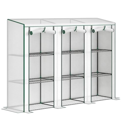 Outsunny Serre de Jardin PE avec étagères 3 Niveaux, Serre de Balcon, bâche renforcée 140 g/m², châssis en Acier, 2 Portes zippées enroulables pour légumes...