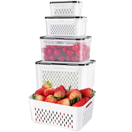 Recipientes Organizadores de Geladeira com Escorredor Removível – Potes Herméticos para Frutas, Legumes e Carnes – Livre de BPA, Empilháveis, Laváveis na Lava-Louças (Kit 4)