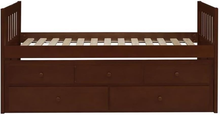 Pemberly Row Twin Over Twin Wood Trundle Bed, Dark Cherry Finish, 2 Storage Drawers, Pine Veneer and Engineered Wood Construction, Kids or Youth Bedroom Sleeping Solution, 78" x 41.5" x 37.5"