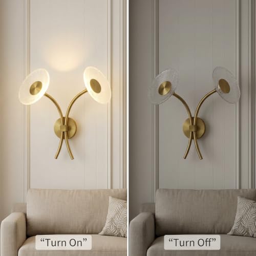 Image of Wall Light 3-Color CCT (Warm + Natural + Cold White) LED Double Arm Gold Metal Glass Disc Wall Lamp for Living Room Bedroom