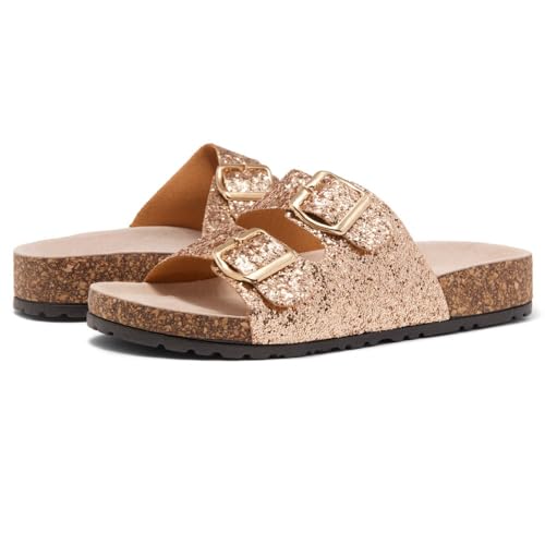 Herstyle 172785 Softey Womens Flat Sandals Cork Footbed Slides Open Toe Slip On Slipper 2 Straps Flat Sandals With Adjustable Buckle Black Gold Silver Slides For Summer Vacation,1836Rosegoldglitterr,Size10.0 thumb #7