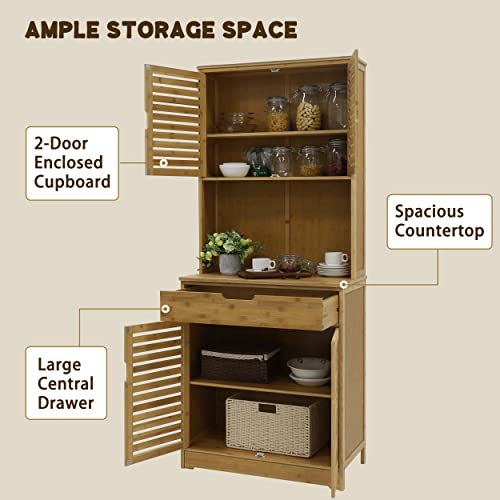 VEIKOU 72\" Kitchen Hutch Buffet Storage Cabinet, Bamboo Kitchen Storage Cabinets with Doors & Adjustable Shelves, Pantry Cabinets with Large Countertop, Natural - Thumbnail 4