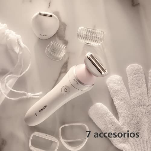 Philips Afeitadora de Mujer Serie 6000, 6 accesorios, Incluye Perfilador Bikini, Guante Exfoliante, Peine Guia y Cepillo de Limpieza, BRP146/00, Blanco - imagen 5