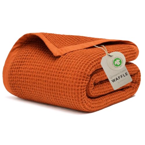 Image of GOTS Certified 55 inchX60 inch Throw 100% Organic Cotton Waffle Blanket-Terracotta | Premium Waffle Blankets & Throws for Bed, Throw Blanket for Couch, Modern & Cozy Blanket, All Season, Comfy and Soft Blankets