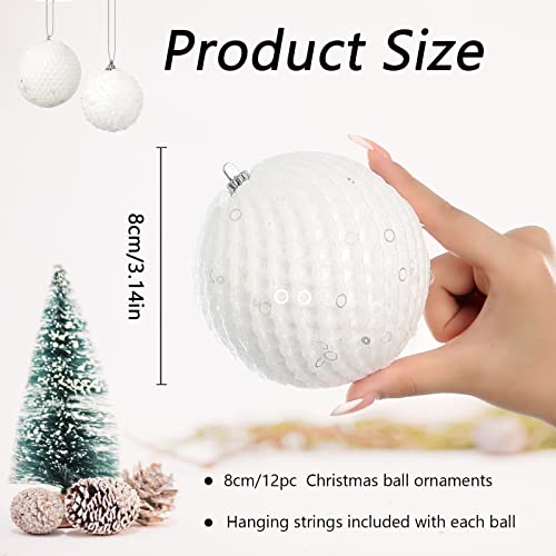 3.15" Christmas Ball Ornaments 12 Pcs Glitter Sequin Foam Ball Shatterproof Christmas Decorations Tree Balls Xmas Hanging Balls For Xmas Trees Wedding Party Holiday Decorations(White) #TOP1