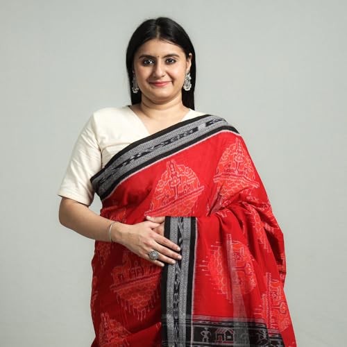 Image of Ikat Women's Pure Cotton Saree Traditional Craftsmanship Double Ikat Weaving Floral Handmade Ethnic Saree without Blouse Piece