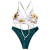 ZAFUL Damen Sexy Sonnenblume Drucken Schnüren Criss Cross Hoher Schnitt Bikini Set Badeanzug (M, Blau)