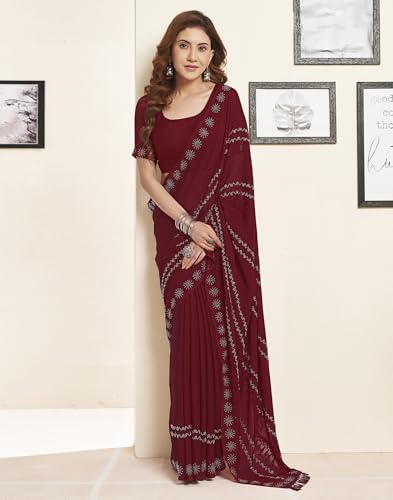 Image of SIRIL Women's Georgette Stone Work Saree With Unstitched Blouse Piece