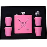Birdie Juice Flask, Funnel, Shot Glasses, and Gift Box - Golfing Birdie Juice Hip Stainless Steel Metal Matte 6-Ounce Golf Bag Flask (Pink)