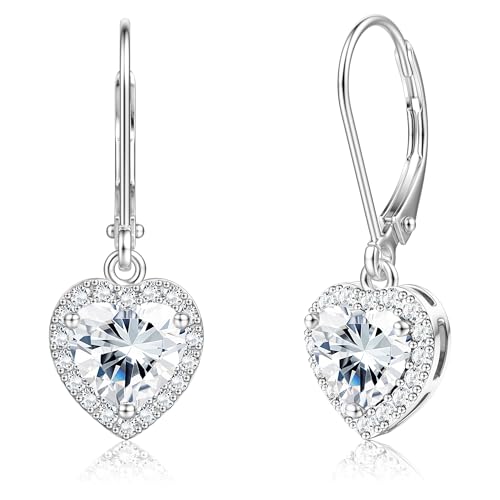 MILACOLATO Solid 925 Sterling Silver Leverback Earrings 18K White Gold Plated Hypoallergenic Dangle Drop Square Heart Round Cubic Zirconia Earrings for Women Heart