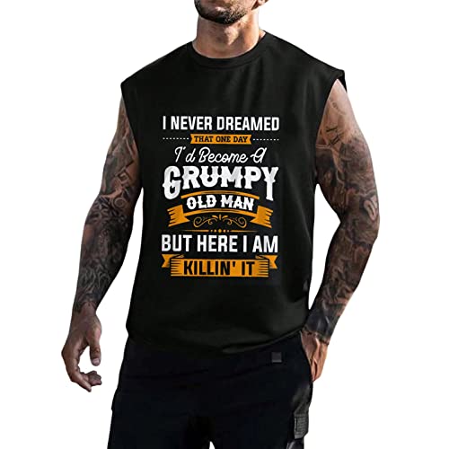 Mens Loose Style Vest Breathable Classic Basic Fitness Loose Summer Leisure Printed Sports Outdoor Hooded Tank Top A-Black #TOP2