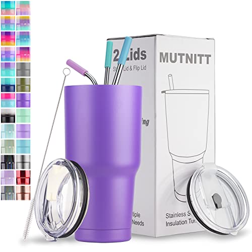 30 Oz Tumbler With Lids And Straws,Stainless Steel Vacuum Insulated Coffee Tumbler,Powder Coated Insulated Travel Mug With Leak-Proof Straw Lid & Flip Lid,3 Metal Straws,1 Cleaning Brush(Deep Purple) #TOP8
