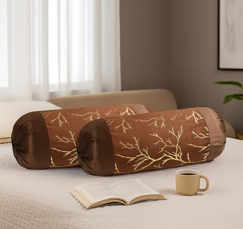 Image of Bolster Pillow Cover Set of 2, Round Cushion Cover - 16 x 32 inches, Brown