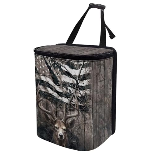 Image of Talayituse Deer American Flag Print Car Trash Can with Adjustable Straps, Foldable Car Trash Bag Bin Car Garbage Bag Multipurpose Storage Box for Vehicle Travel Camping Picnicing