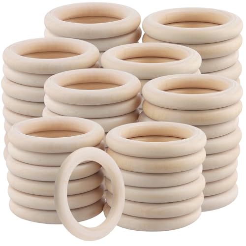 SYUTBOU 60 Stück 70mm Holzringe zum Basteln, Innendurchmesser 50mm Holz Ringe Makramee, Gardinenringe Holz für DIY, Handwerk, Deko