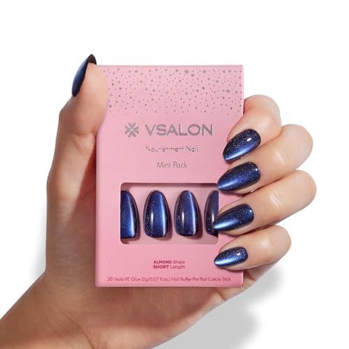 VSALON Almond Short Press on Nails Dark Blue Cat Eye Nails Kit for Newbies